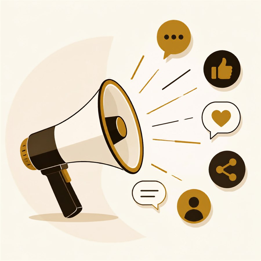 Megaphone broadcasting content to social media reactions, shares and comments