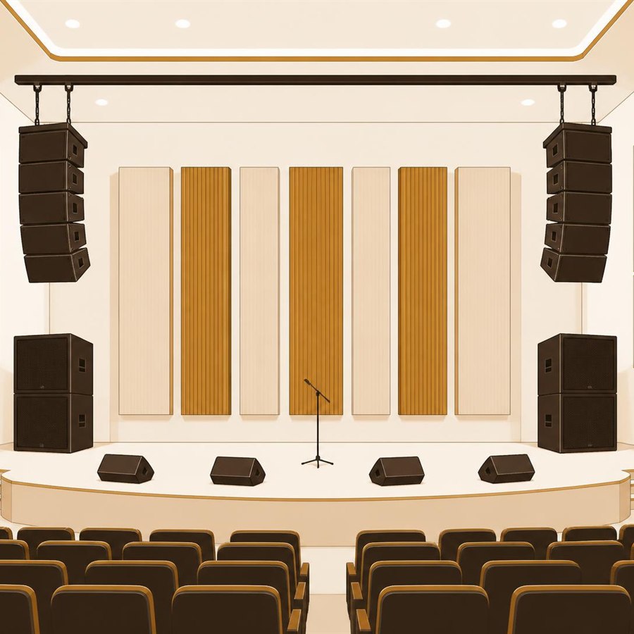 Auditorium sound system with line-array speakers, subwoofers and stage monitors